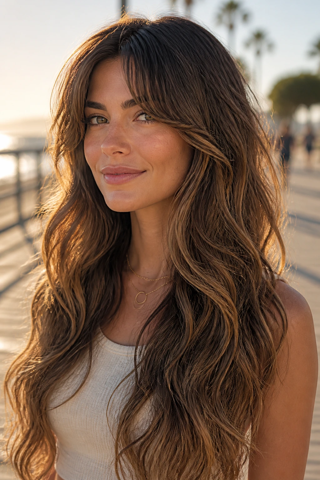 Portrait of long mermaid waves with a center-swept fringe outdoors at golden hour