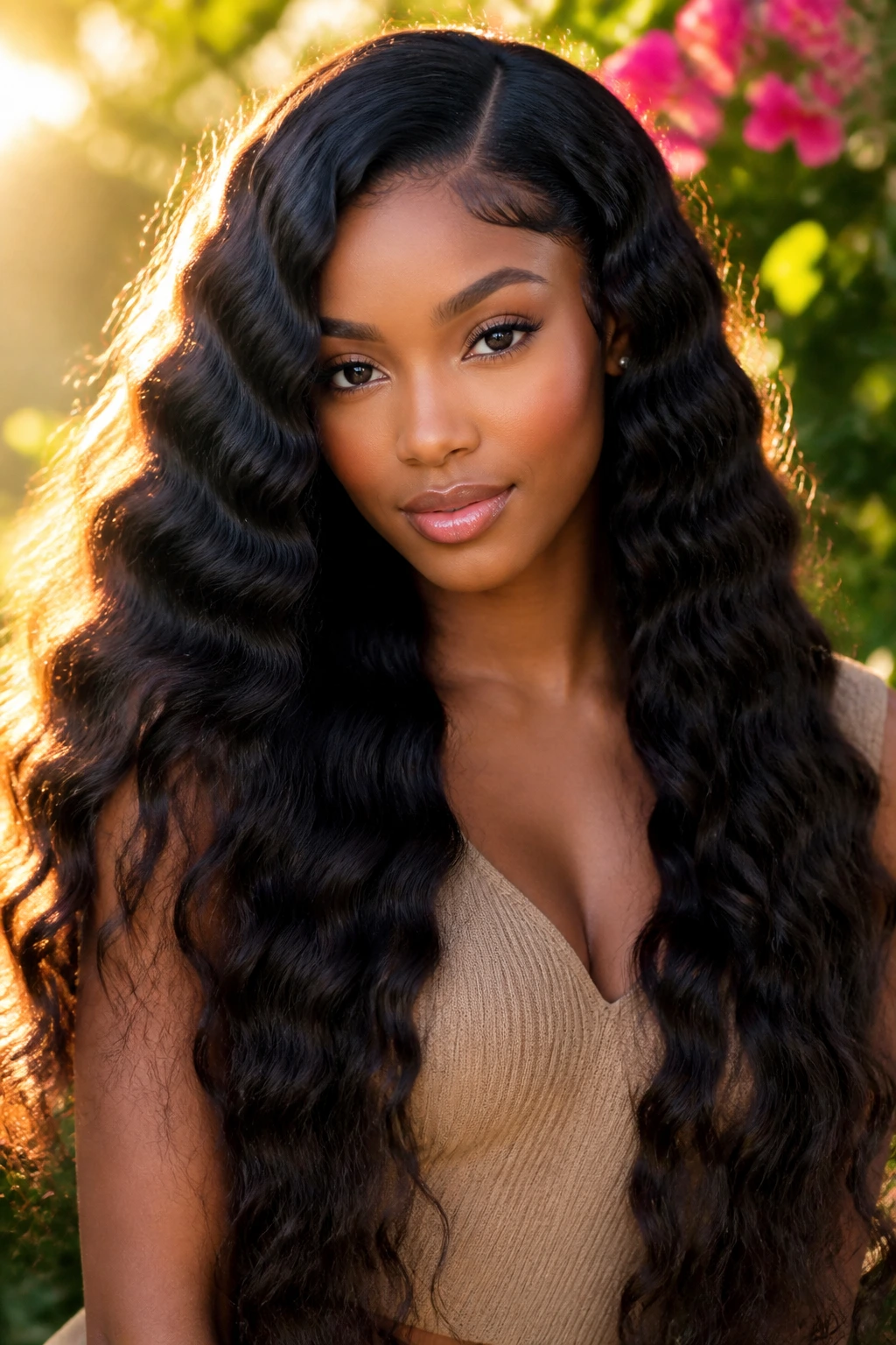 Close-up of a real woman with long mermaid waves blended with clip-ins.