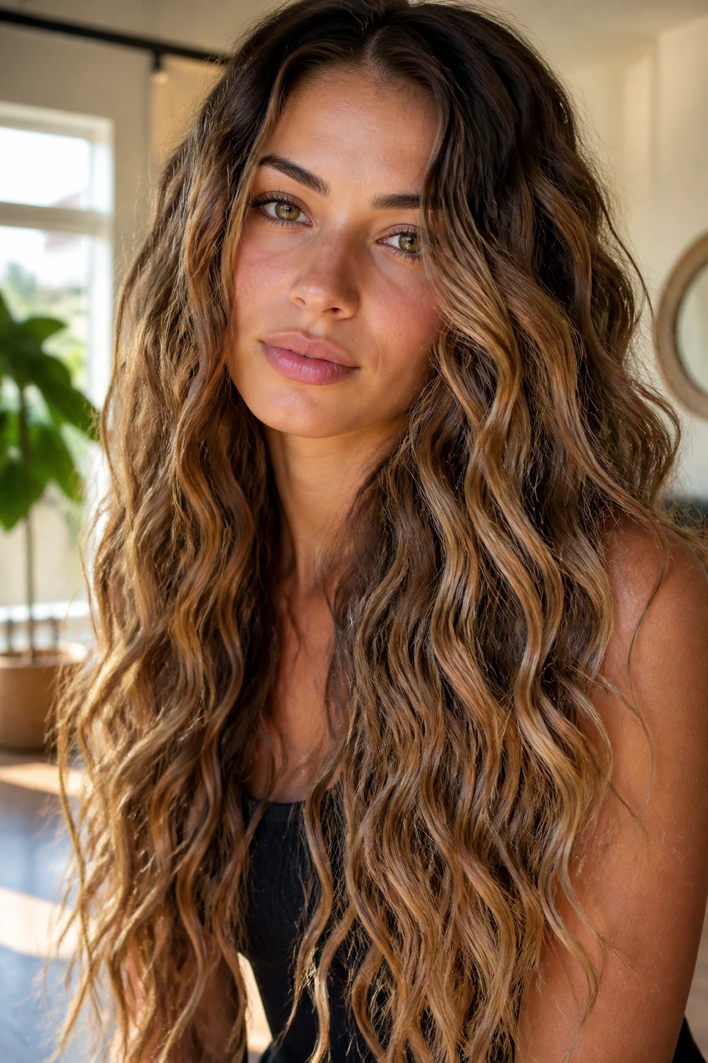 Real person with long defined mermaid-length waves in soft sunlight