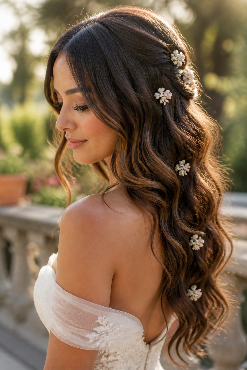 Bride with long mermaid waves and tiny floral pins tucked into the waves