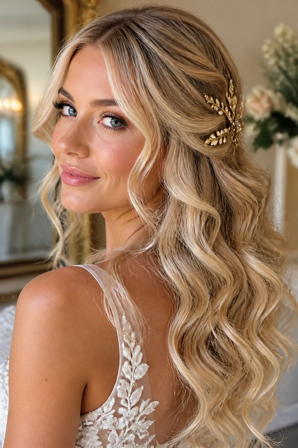 Real bride with gilded mermaid waves and gold pins in blonde hair.