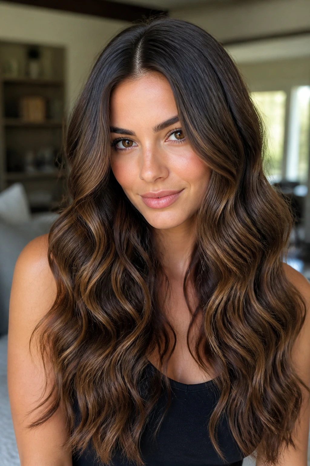 Close-up of a real woman with mermaid waves cascading down her shoulders