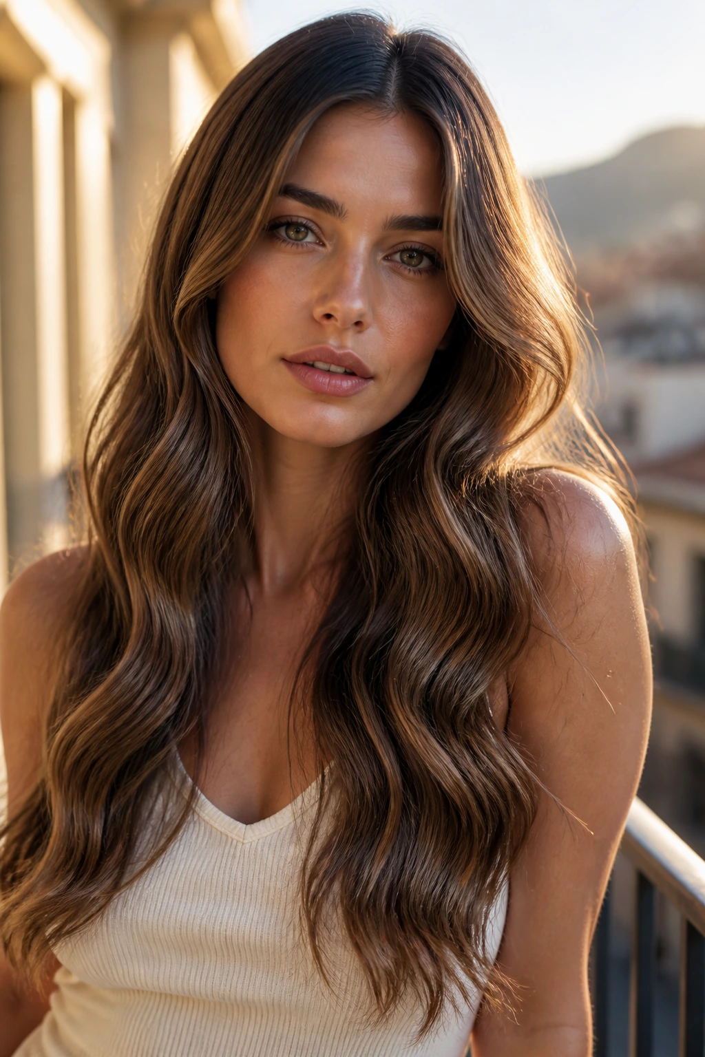 Real woman with broad, glossy mermaid waves on long hair