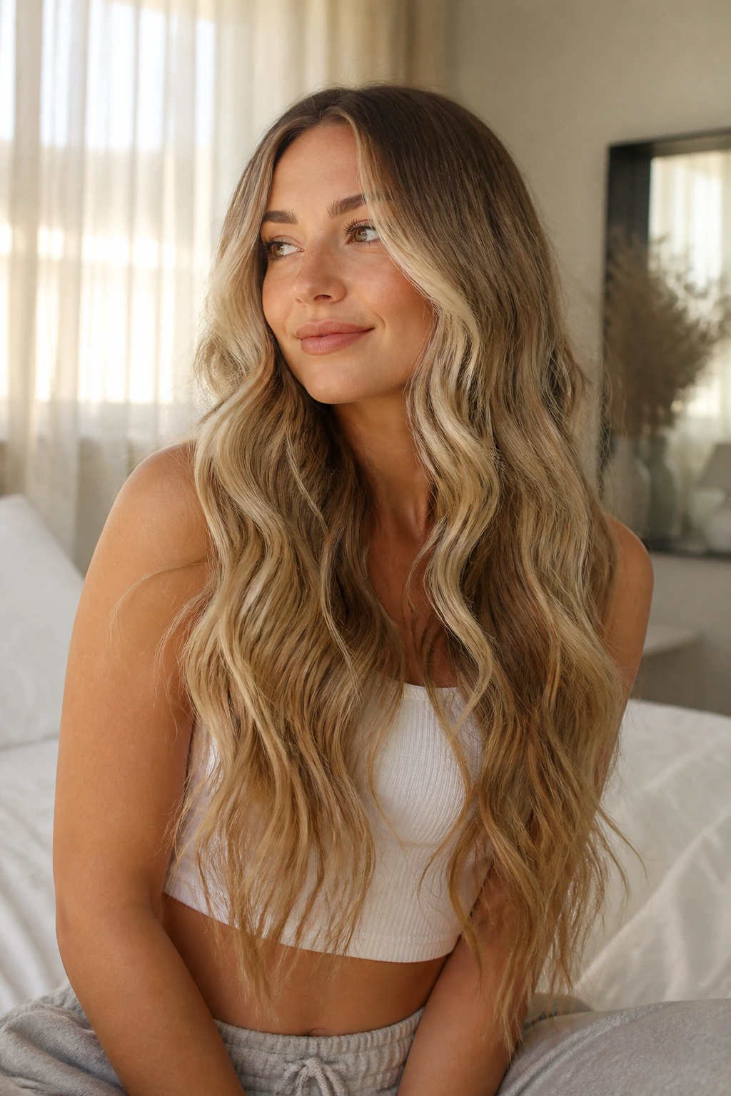 Real woman with soft mermaid waves, ends left out, in a sunlit bedroom
