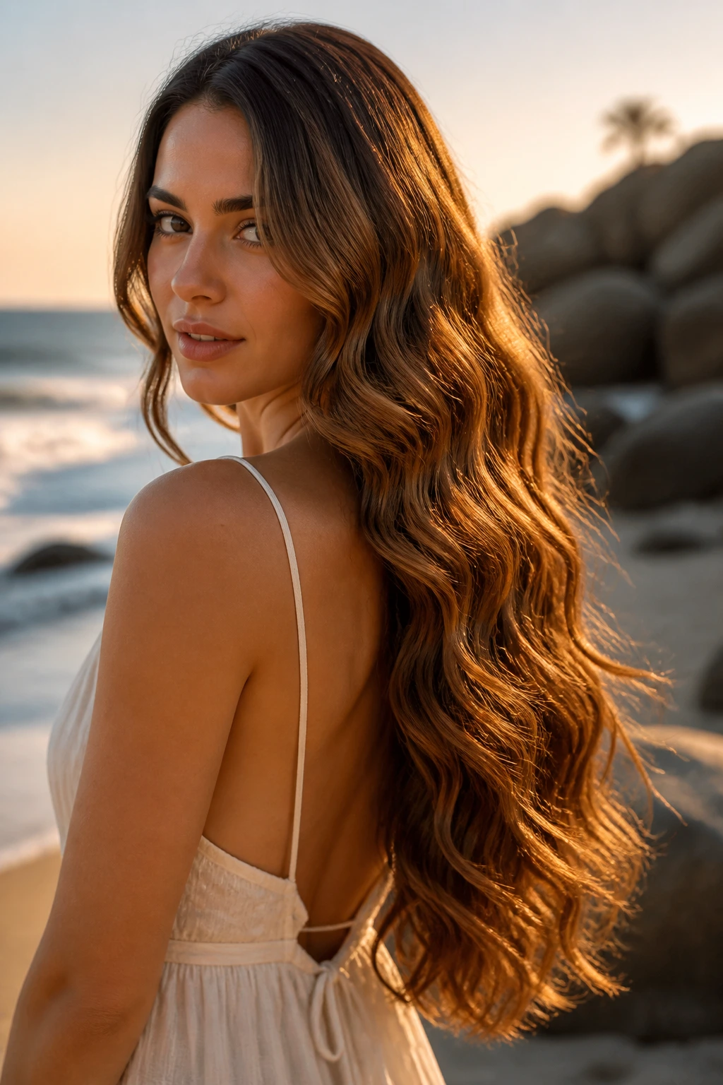 Close-up portrait of a real woman with mermaid waves on long hair at the beach.