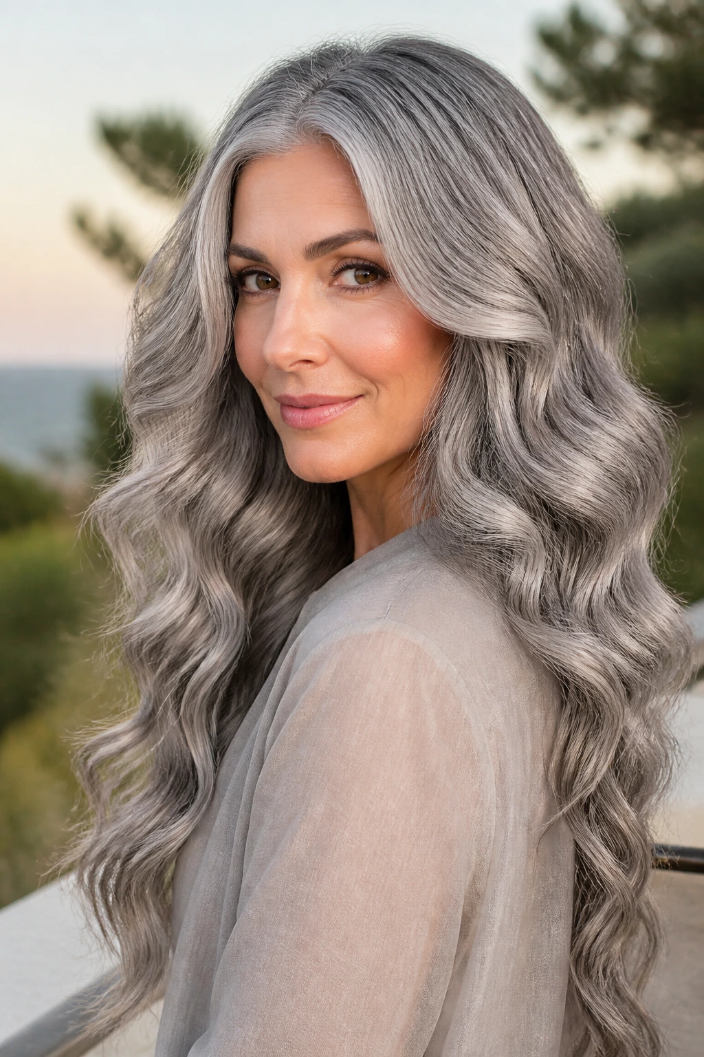 Portrait of a real woman with long metallic gray mermaid waves