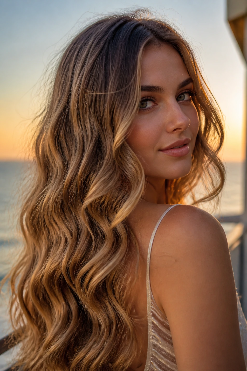 Close-up portrait of a real woman with long mermaid waves in golden hour light