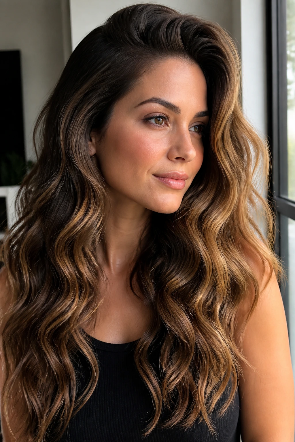 Real woman with soft mermaid waves and a deep side part in natural light.