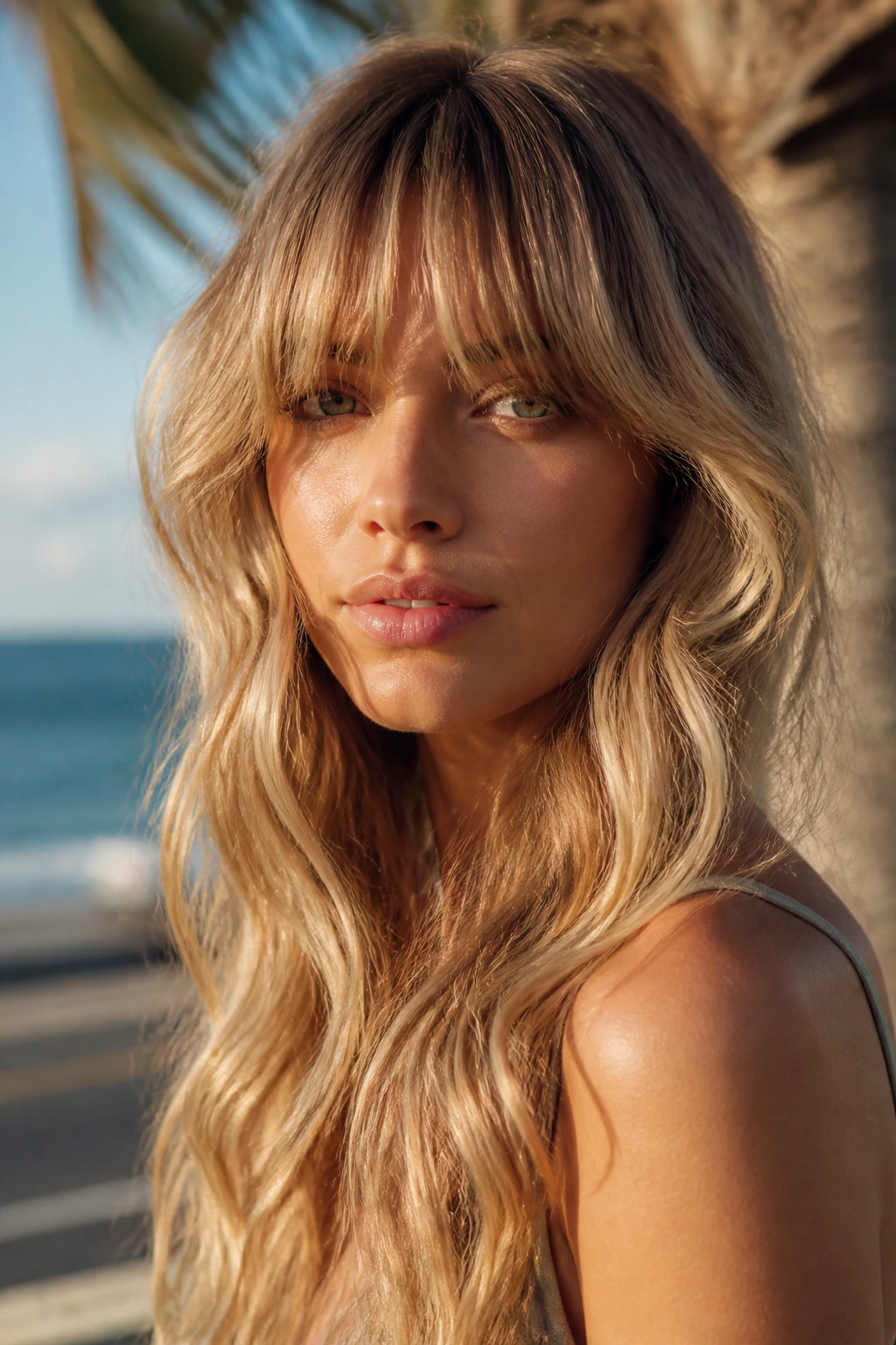 Portrait of a real woman with mermaid waves and a soft-edged thick fringe on a sunlit coast