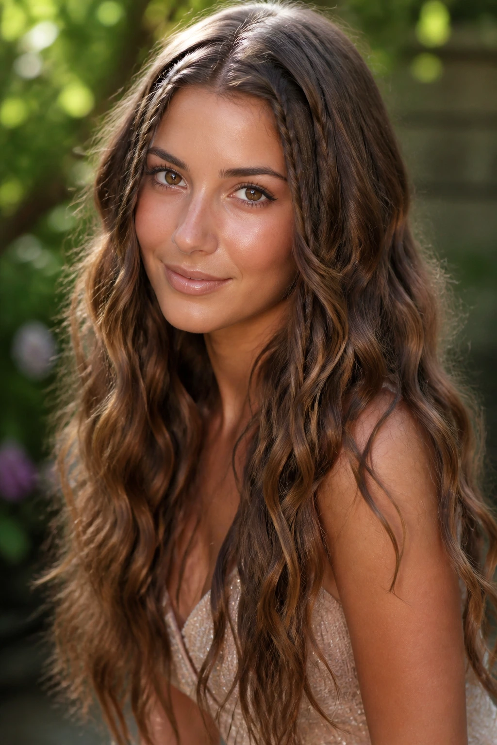 Real woman with mermaid waves and tiny accent braids near temples