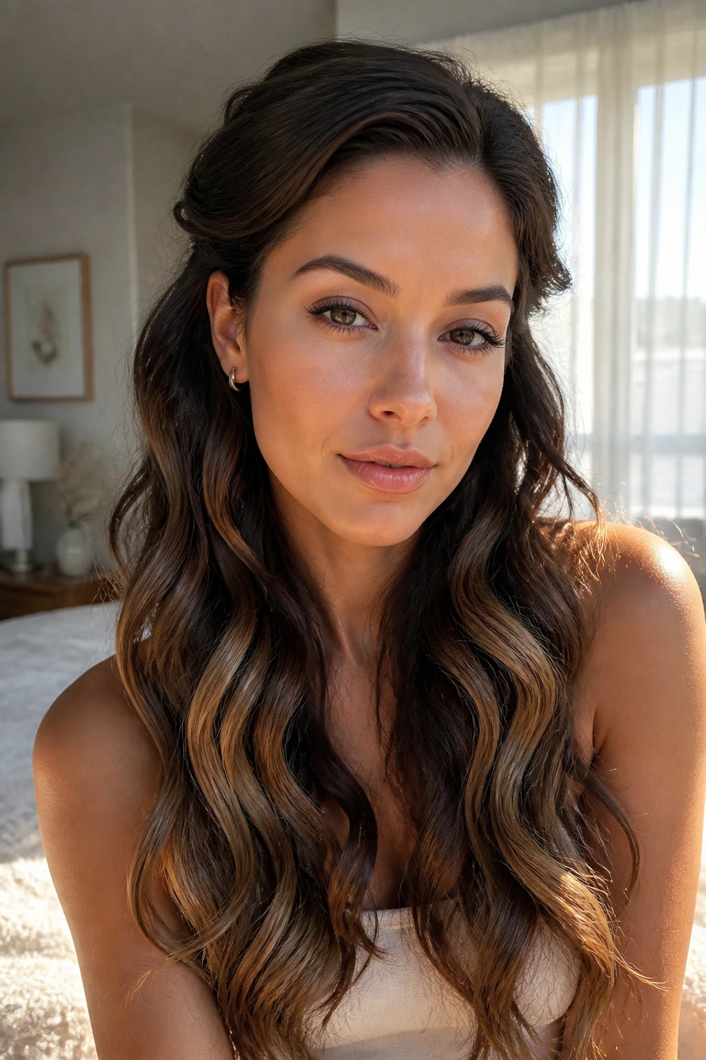 Close-up of a real woman with mermaid waves and tucked front sections