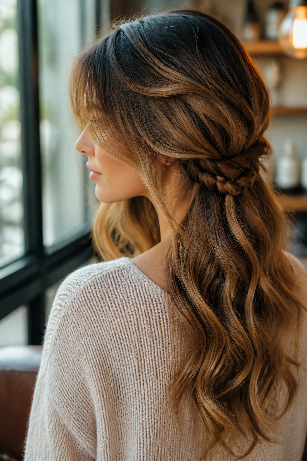 Close-up of a real person with mermaid undercurrent waves and hidden braid