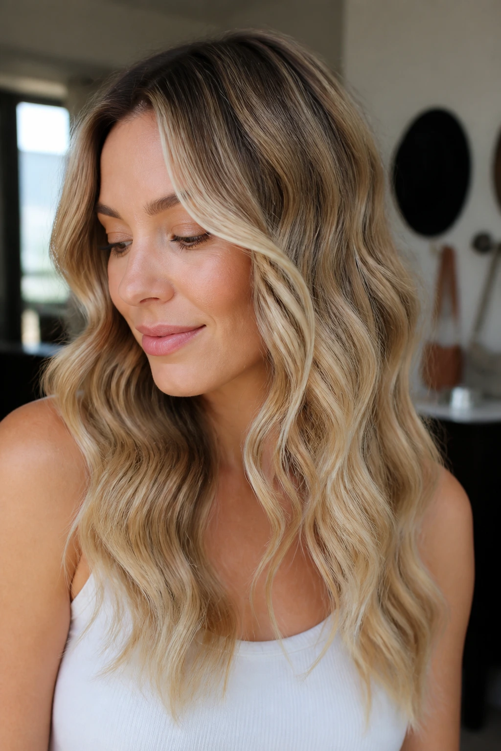 Close-up of a real woman with mermaid-style waves created by a wand
