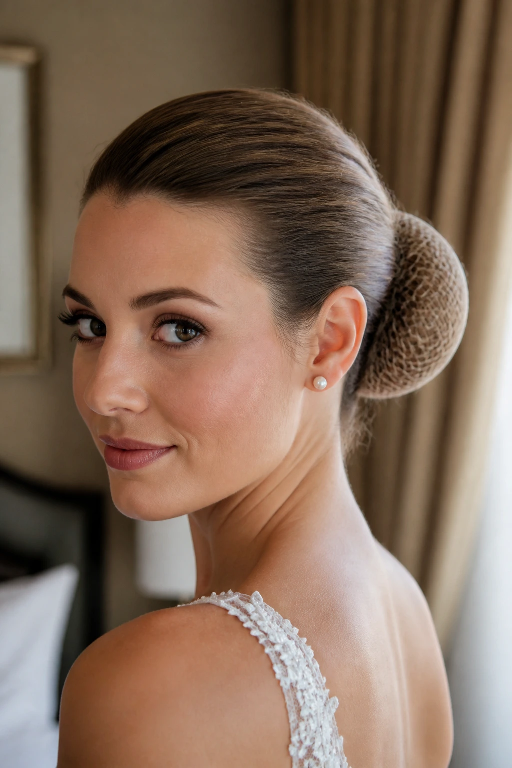 Bride with mesh-wrapped bun featuring visible mesh structure.