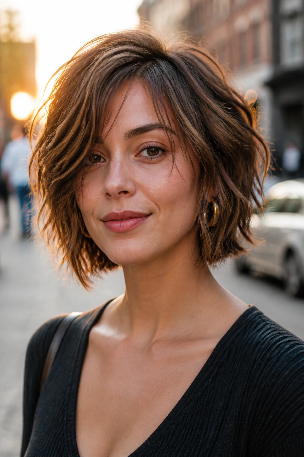 Real person with a messy A-line shag bob in an urban street scene