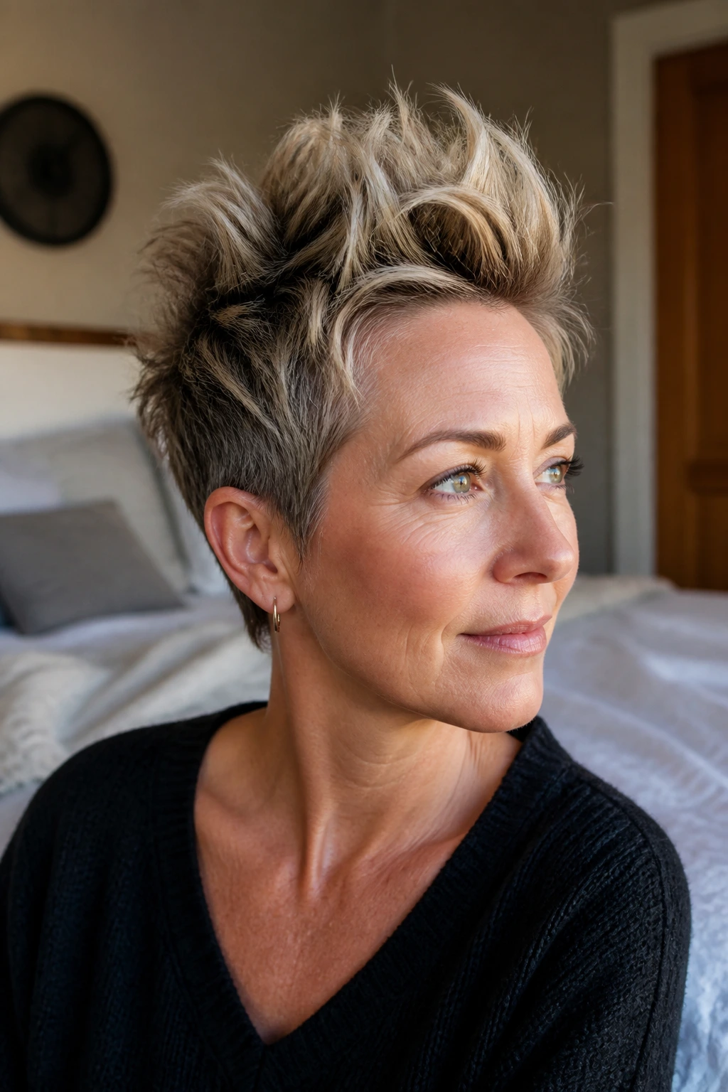 Close-up portrait of a real woman with a messy bedhead faux hawk in a cozy bedroom