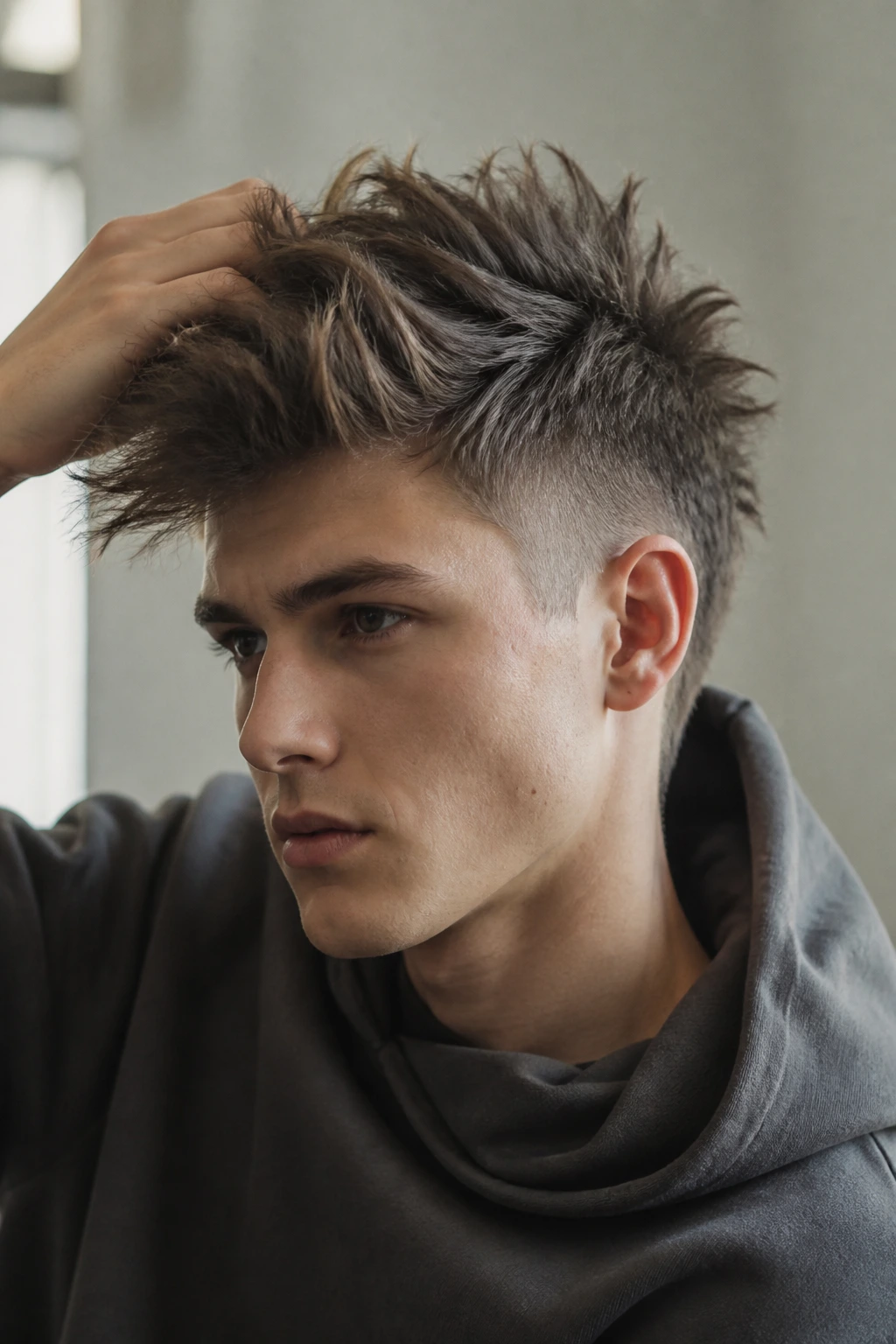 Portrait of a real person with messy bedhead hawk hairstyle in casual indoor setting