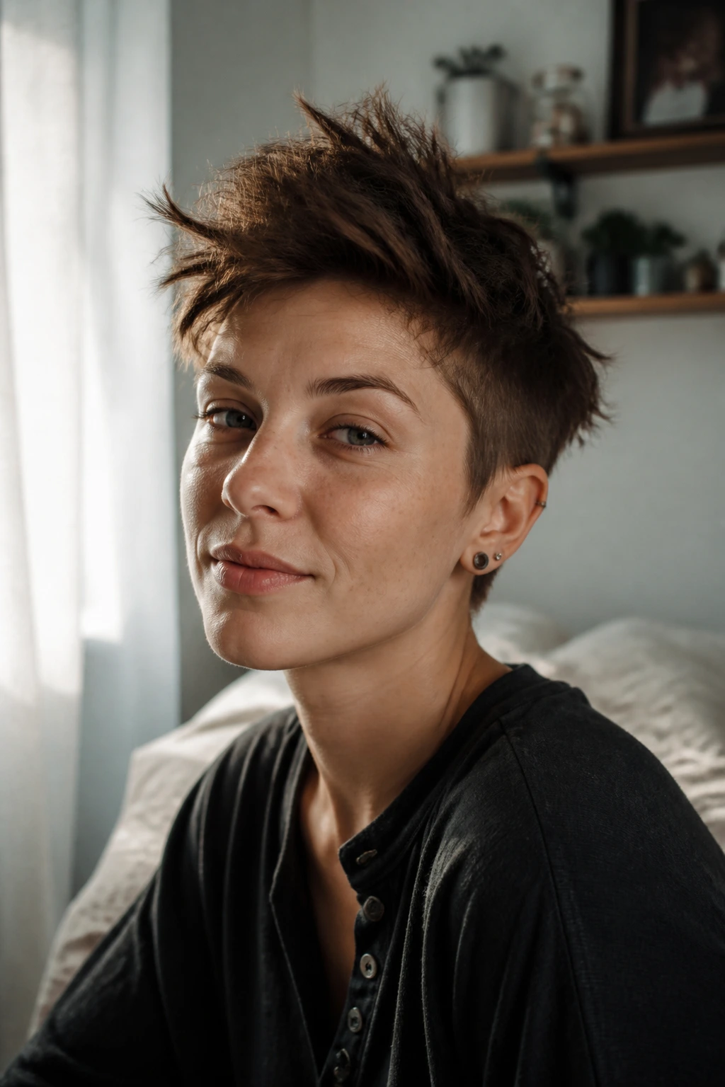 Close-up of a real person with a messy bedhead hawk in a sunlit bedroom