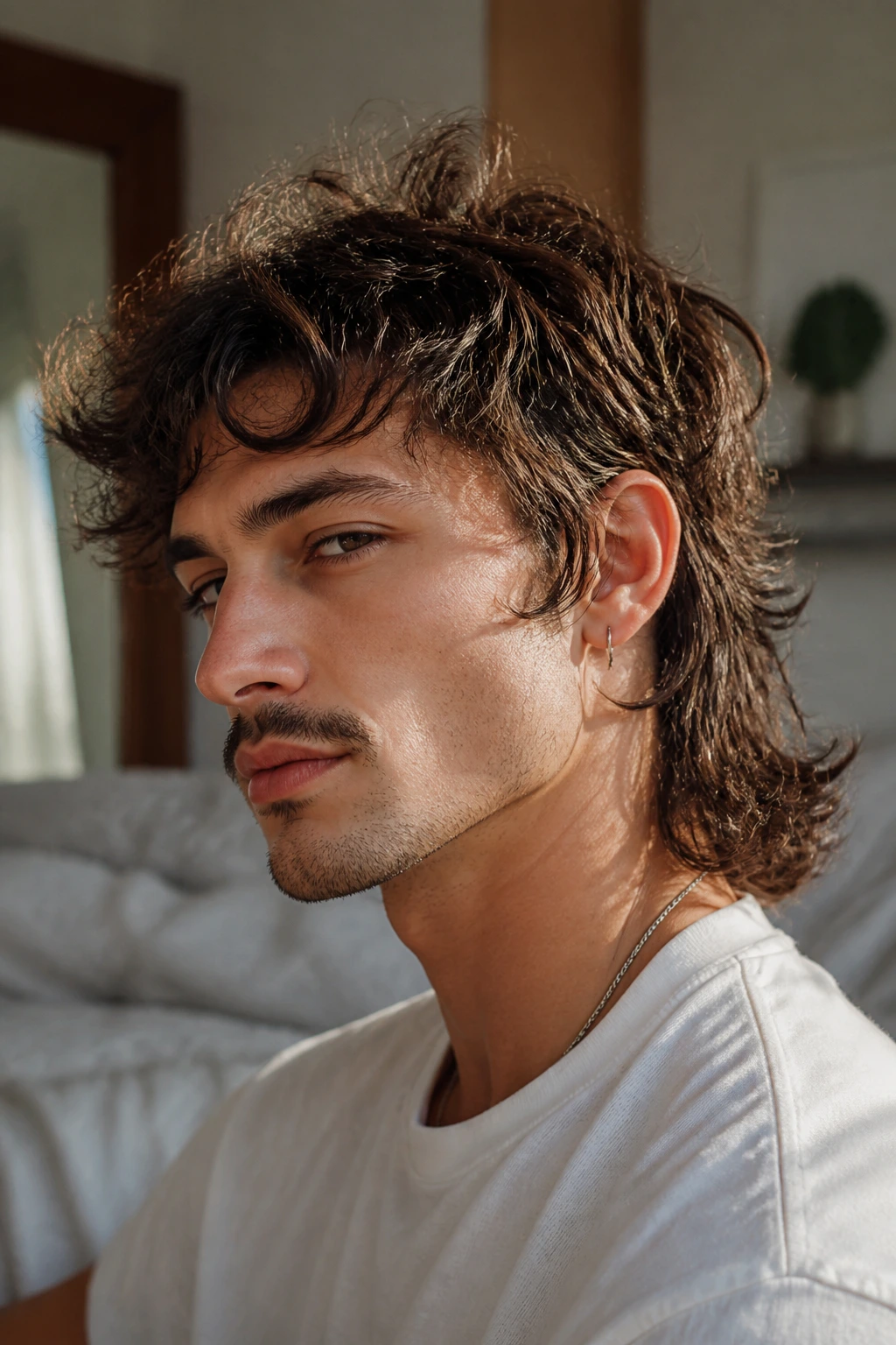 Portrait of a real person with messy bedhead mullet in cozy indoor light