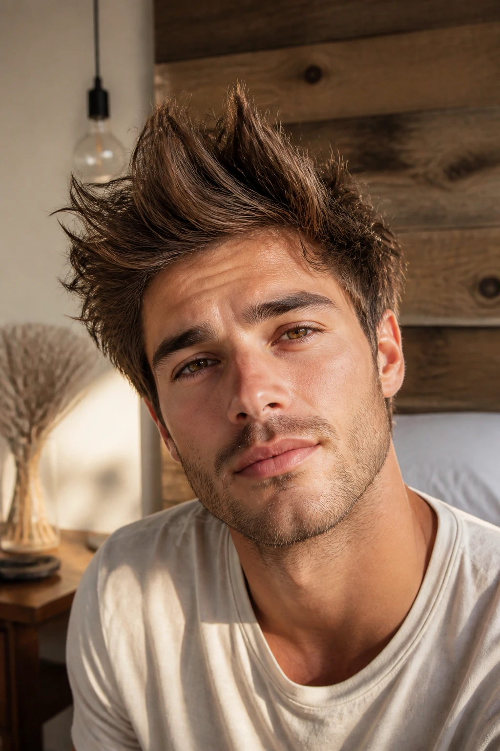 Close-up of man with Messy Bedhead Quiff in morning light