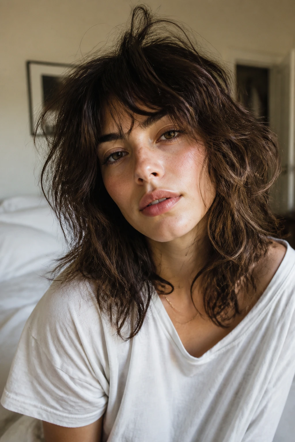 Portrait of a real person with messy bedhead shag in a cozy morning bedroom.