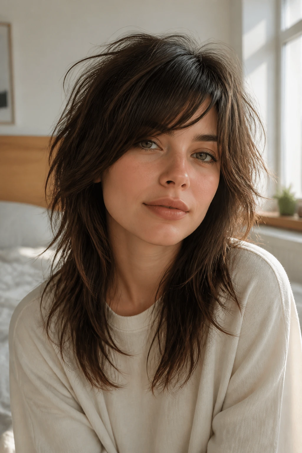 Close-up of a real person with messy bedhead wolf cut and side bangs in a cozy bedroom