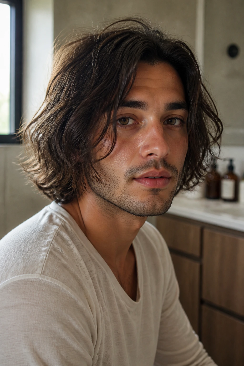 Close-up portrait of a man with a messy air-dry bob in a bathroom.
