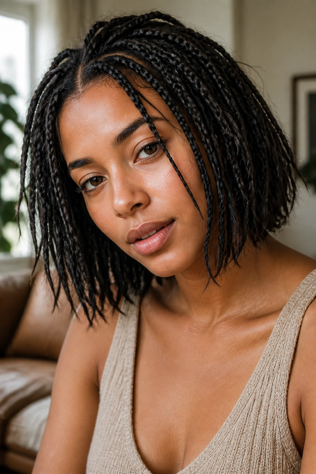 Portrait of woman with softly messy bob box braids in a cozy living room