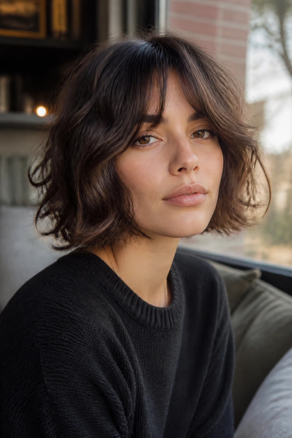 Real woman with messy bob and curved curtain fringe along the brow.