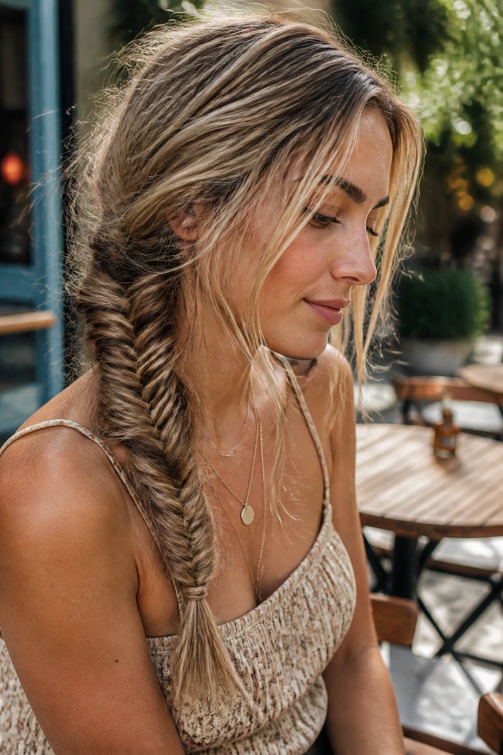 Close-up of a real person with a messy boho fishtail braid and loose strands