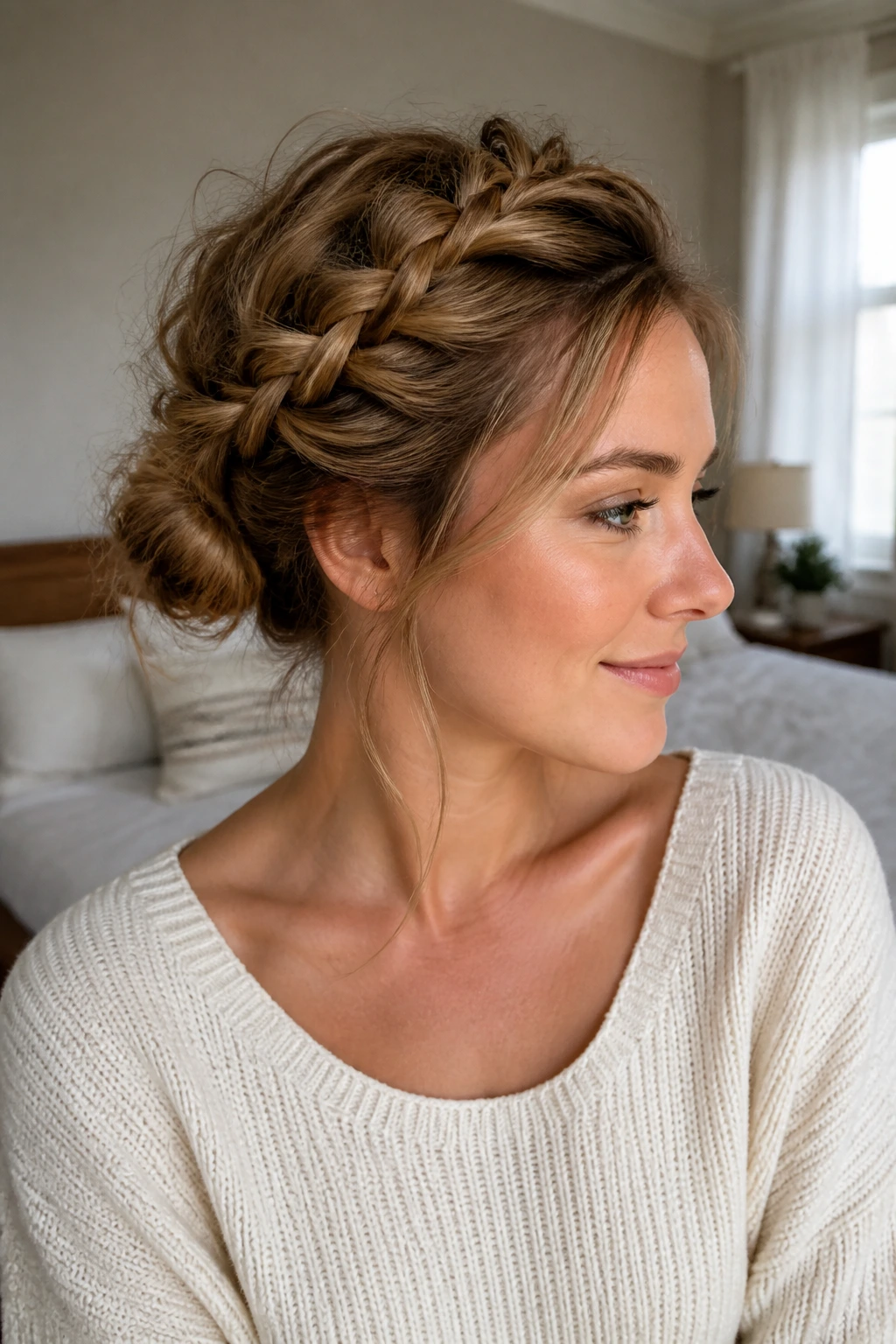 Close-up portrait of a woman with a messy French braid turning into a bun at the nape, wisps at the ears, warm window light.