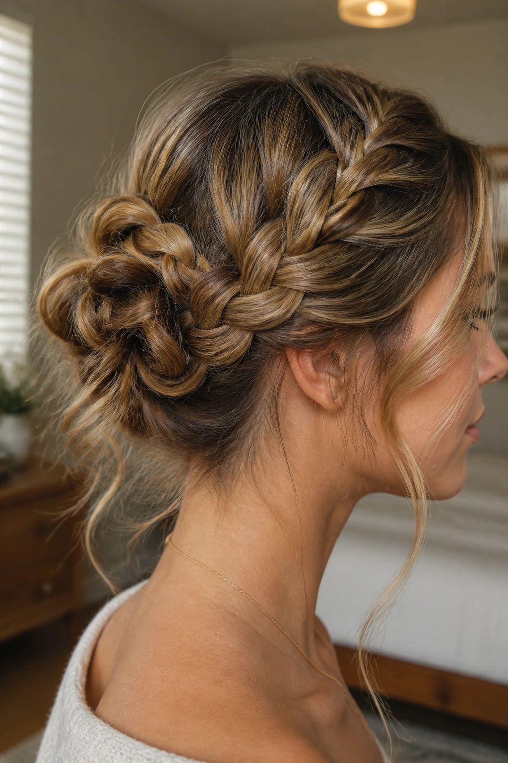 Close-up of messy braid bun with soft ends on a real person