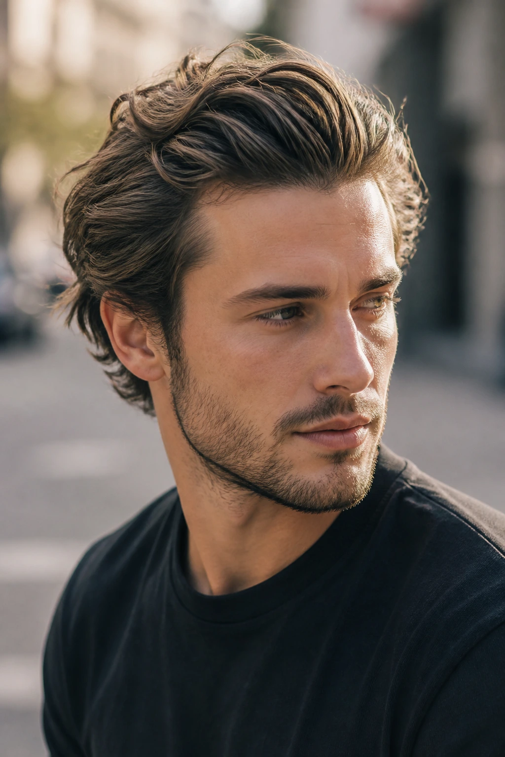 Man with messy brush-back hairstyle outdoors