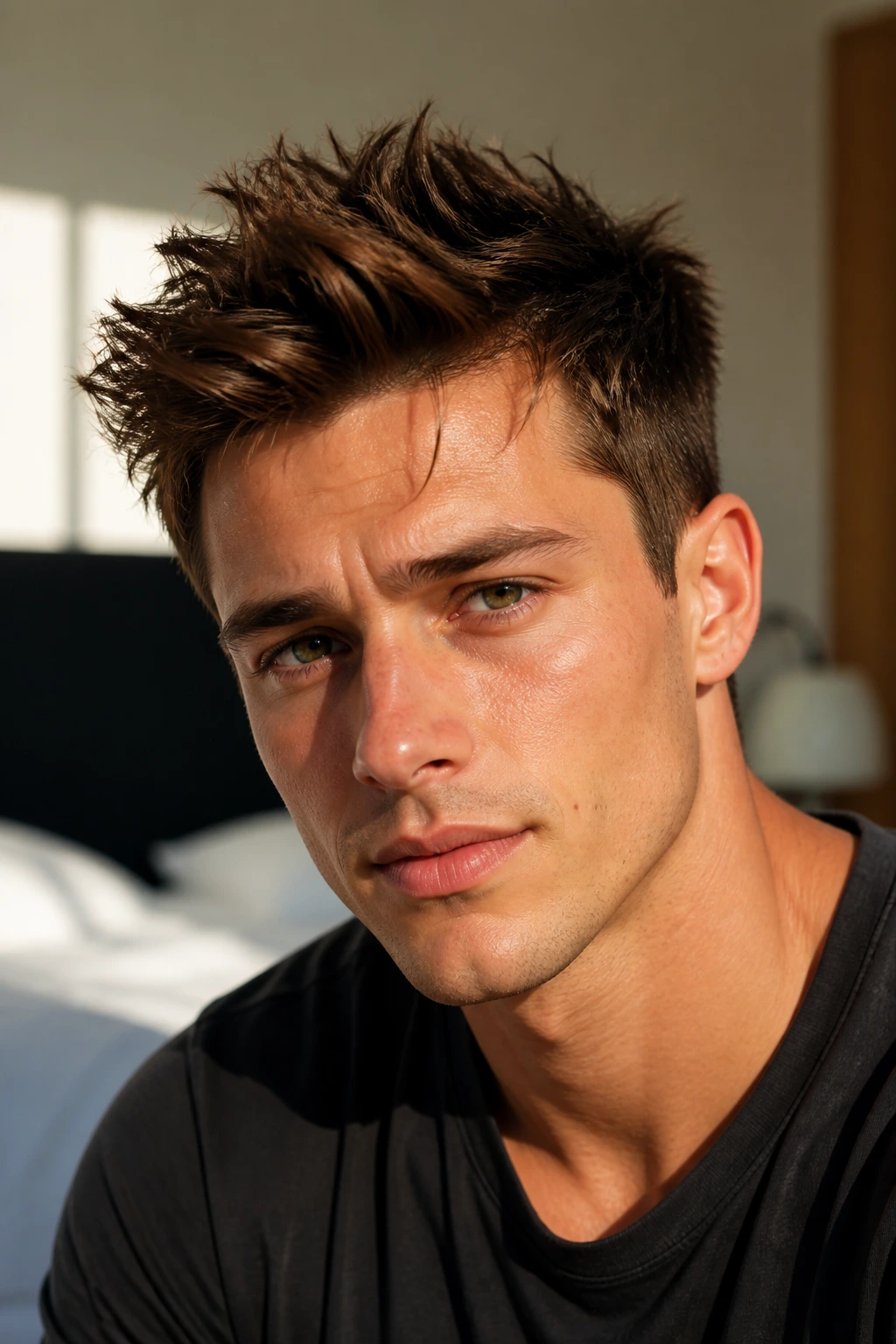 Portrait of a man with messy brush-up spikes
