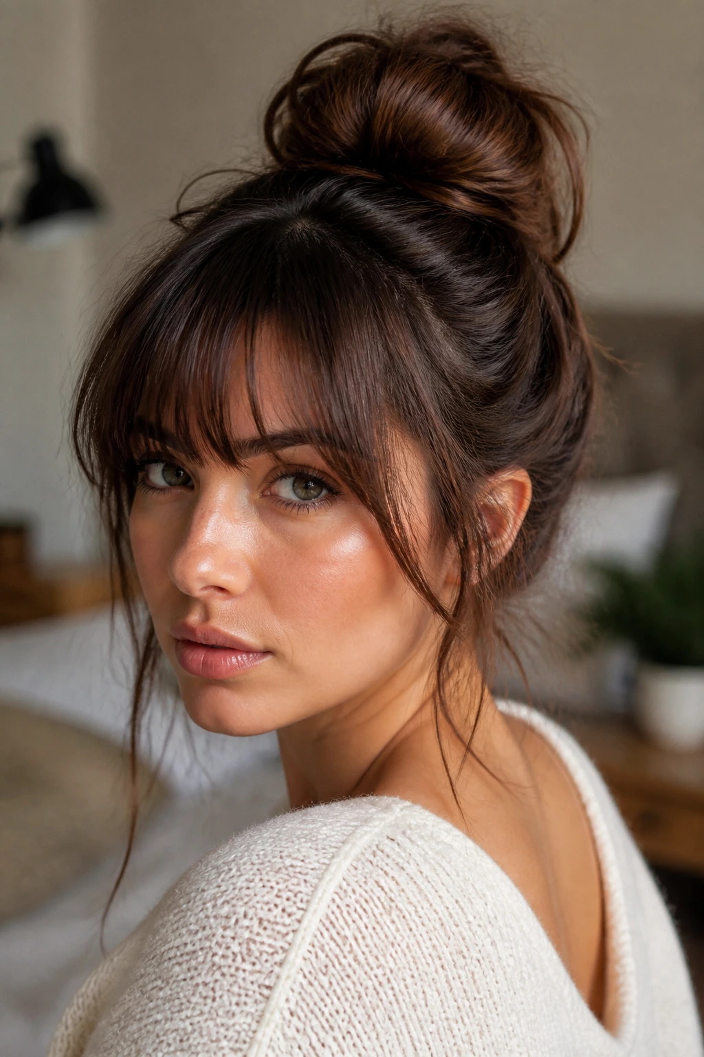 Close-up of a real woman with a messy bun and bangs in warm window light