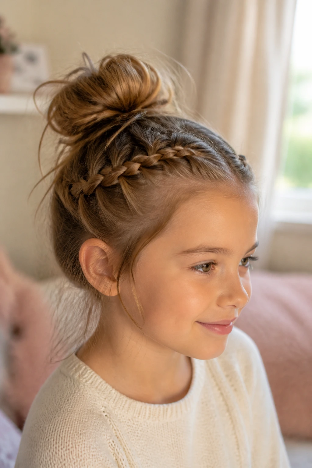 Three-quarter portrait of a girl with a messy bun and braided front pieces