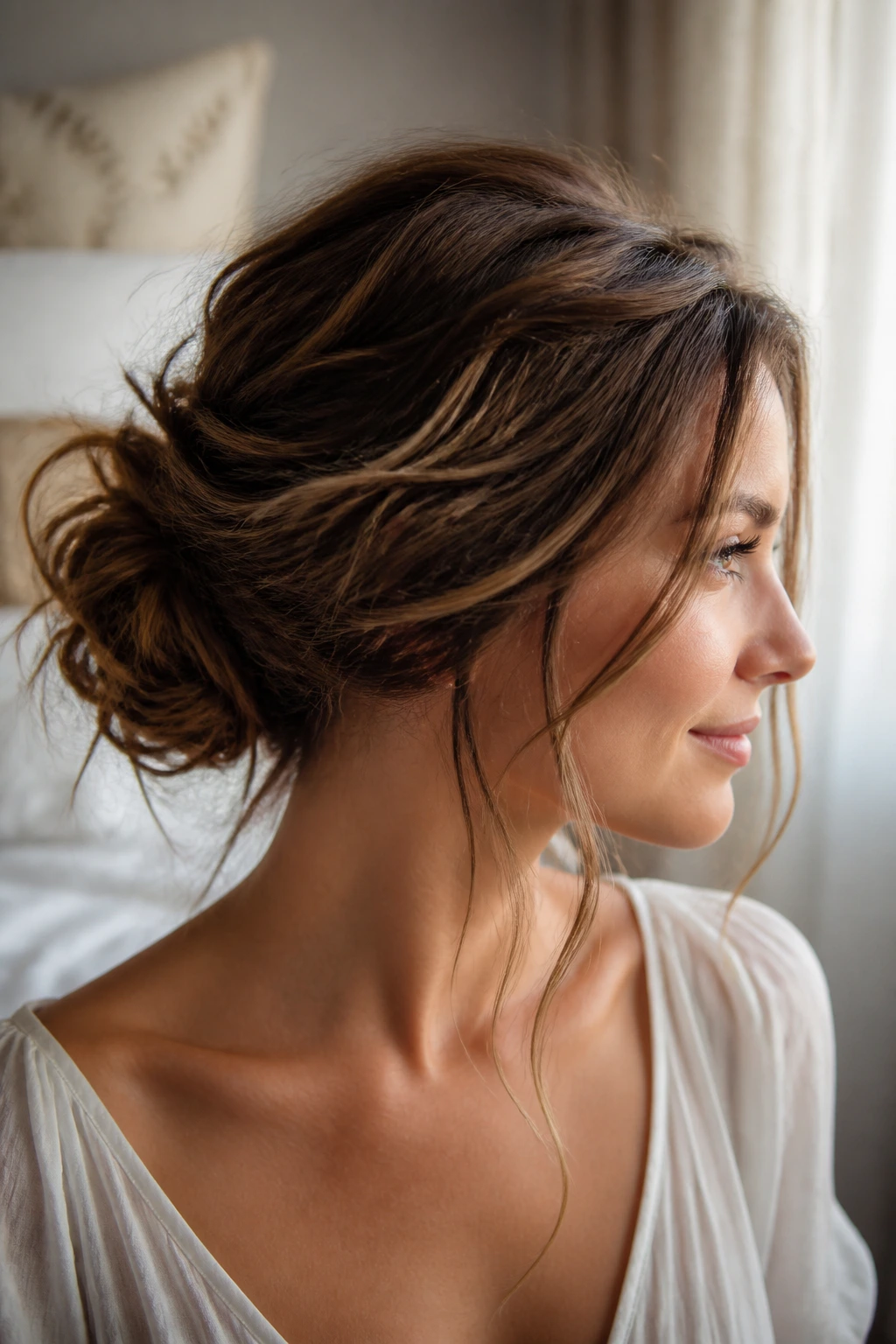 Close-up of a real woman with a messy romantic bun and face-framing strands in warm window light