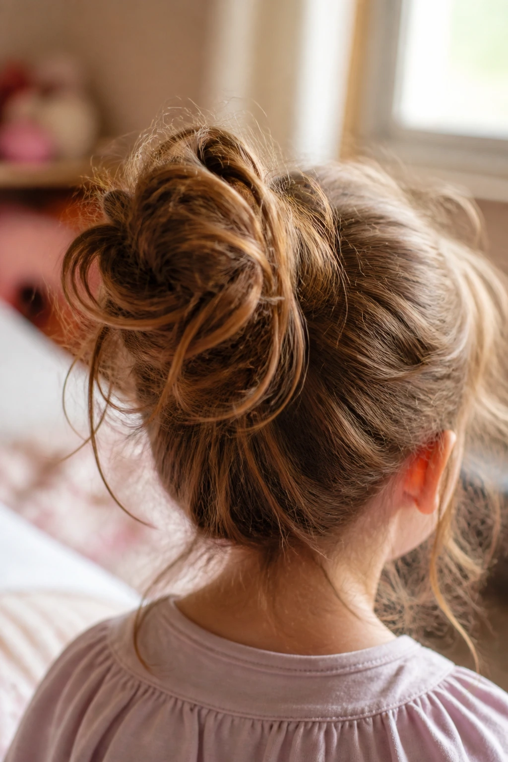 Close-up of a messy bun on the back of a young girl's head in a sunlit bedroom