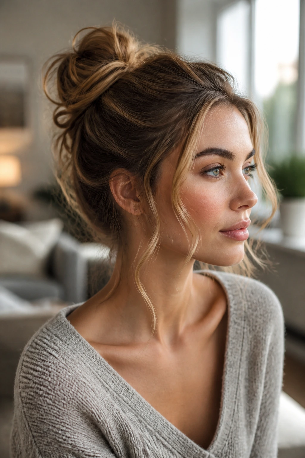 Real woman with a loose messy bun and face-framing waves
