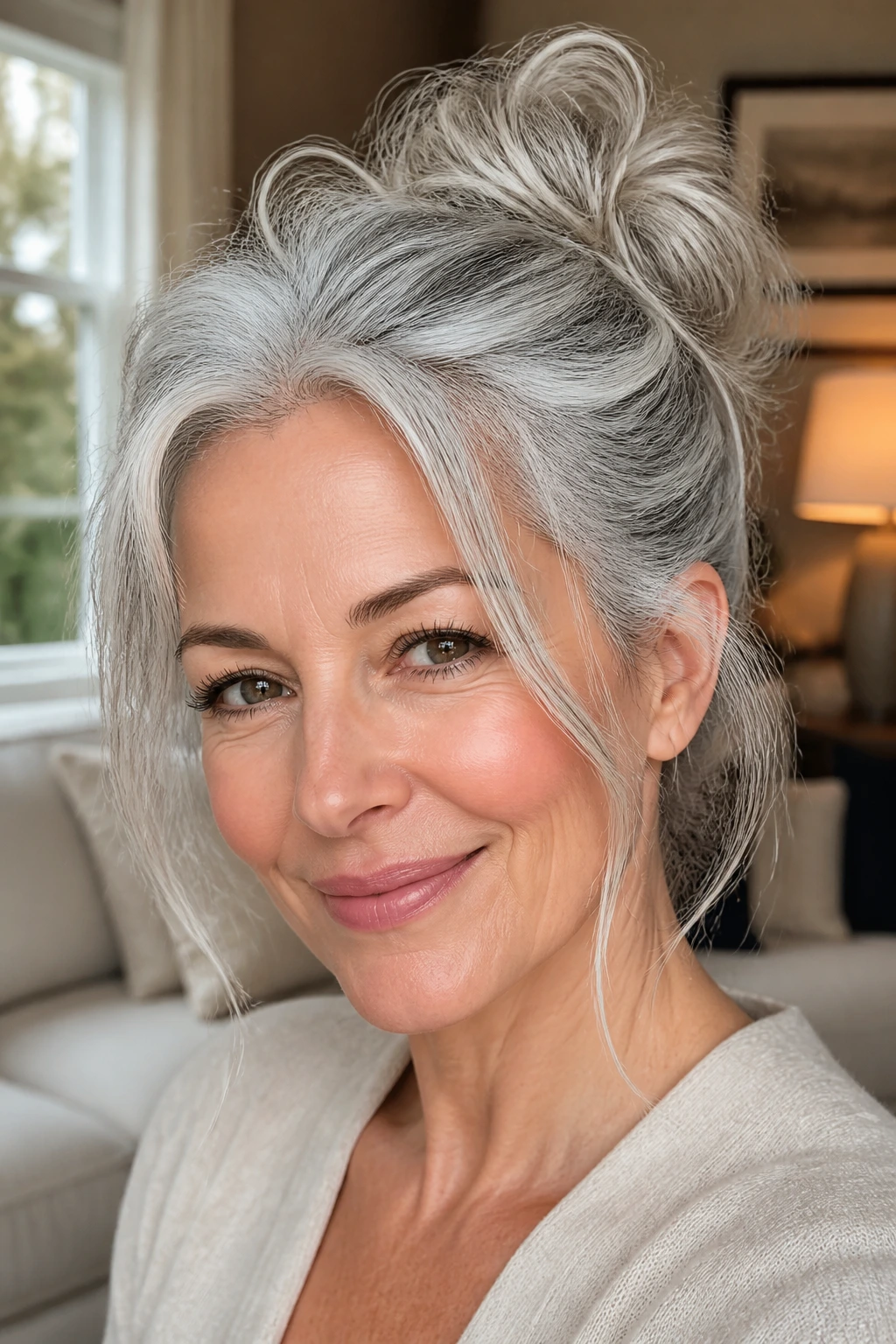 Close-up of a woman with a messy silver bun