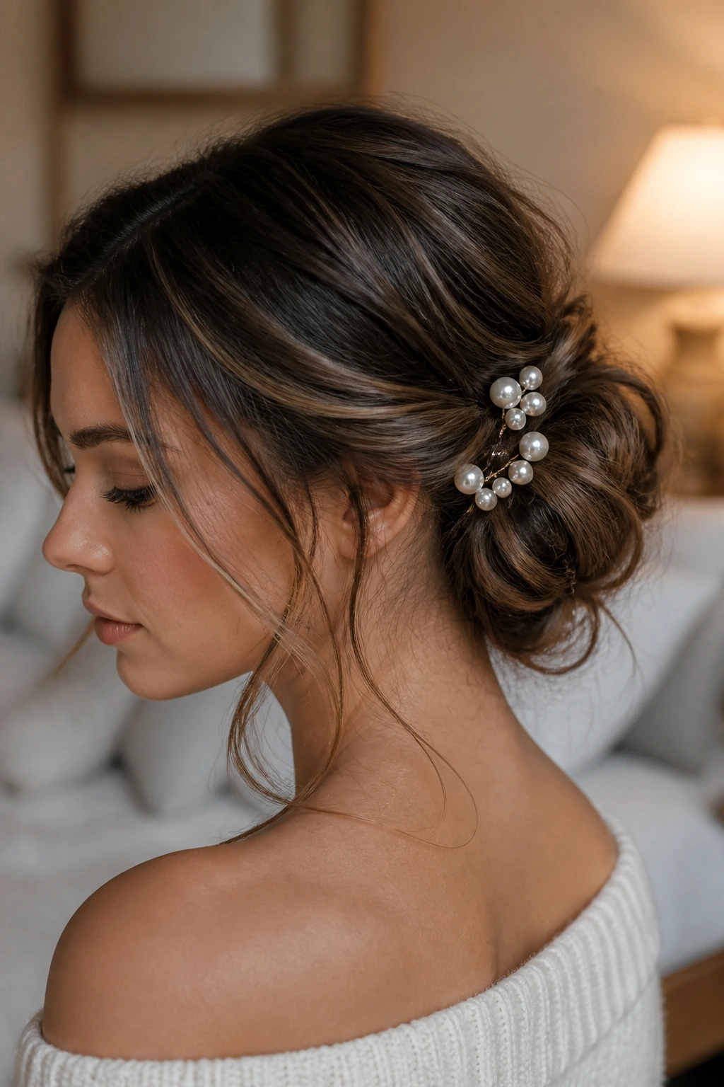 Close-up portrait of a real woman with Messy Bun With Pearl Pins and pearl clusters