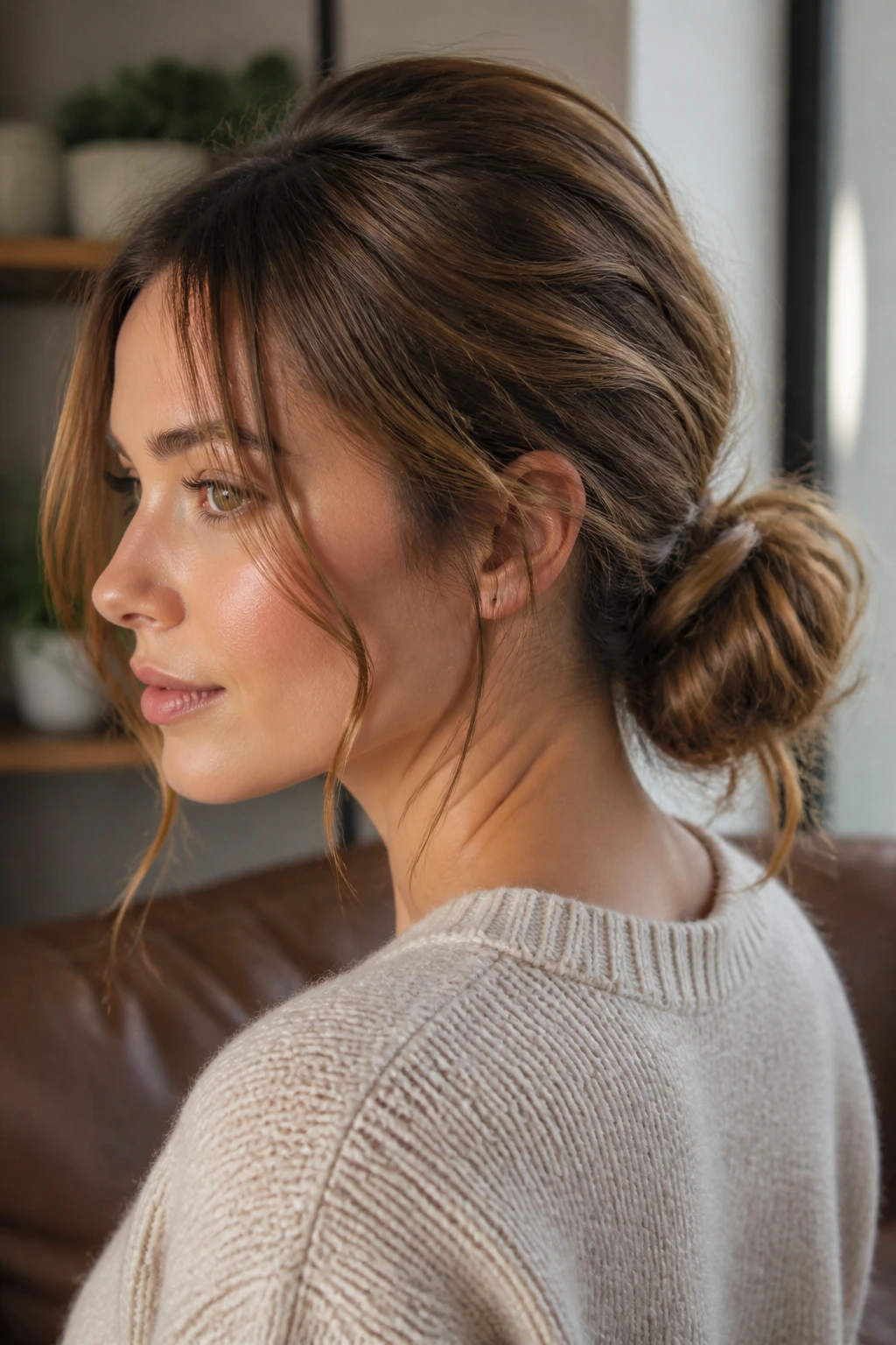 Portrait of a real woman with a loose, messy bun and soft strands