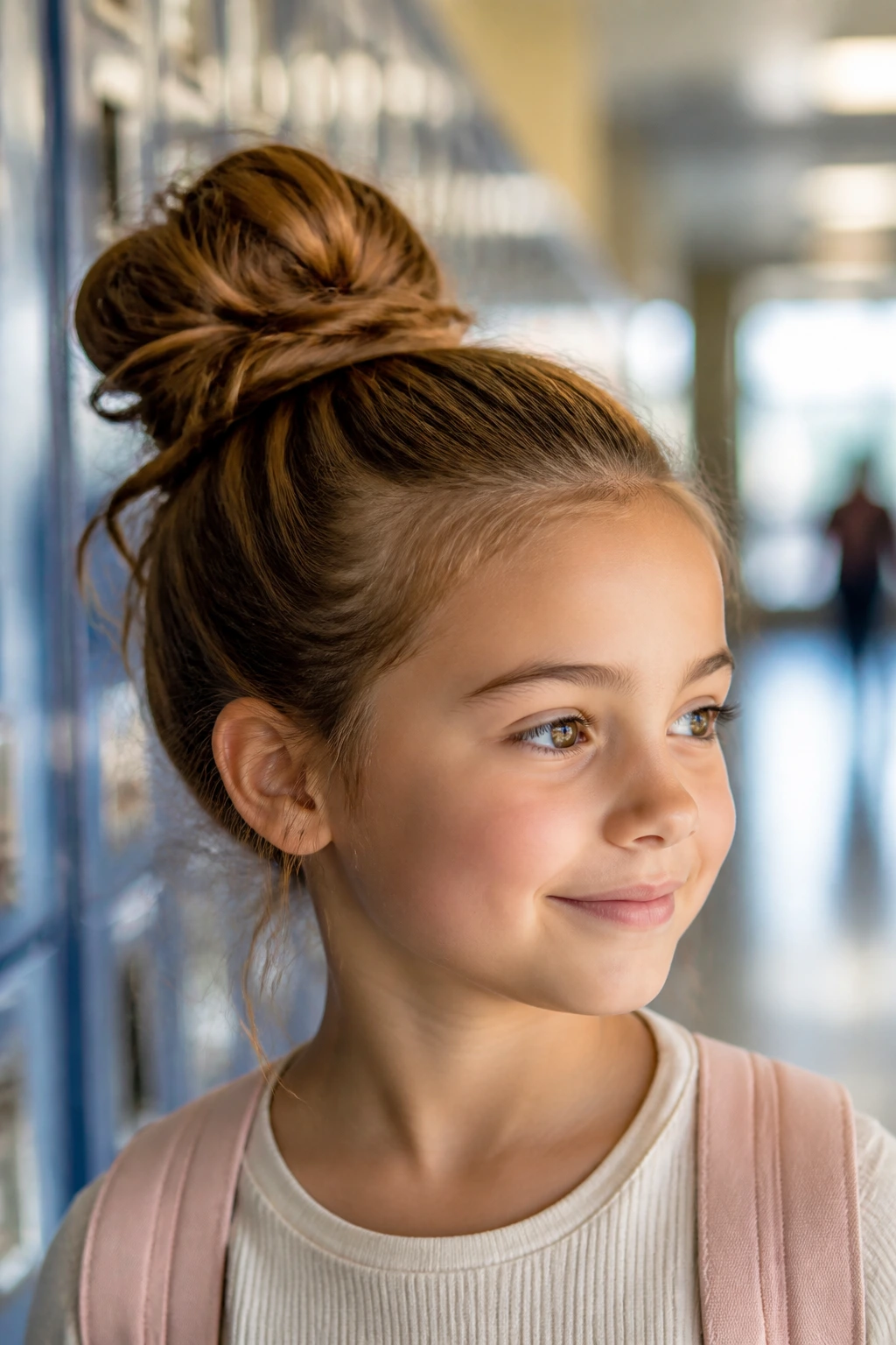 Close-up portrait of a real girl with a messy bun in a school hallway