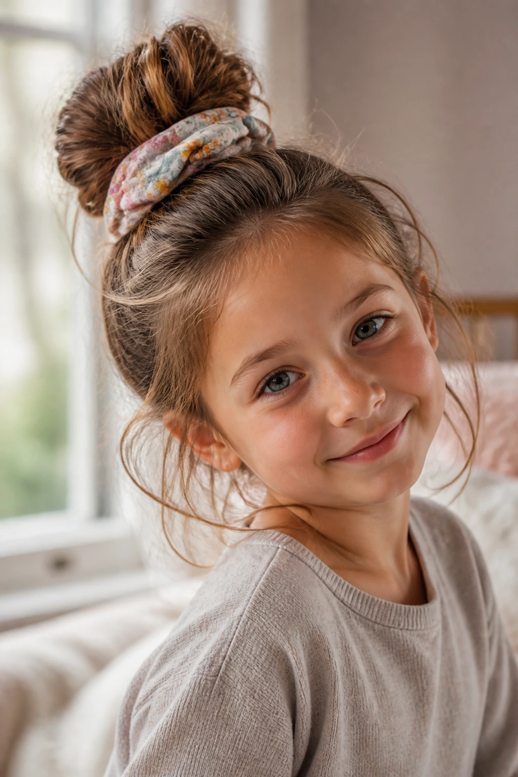 Close-up of a girl with a textured messy bun secured by a scrunchie in a cozy bedroom