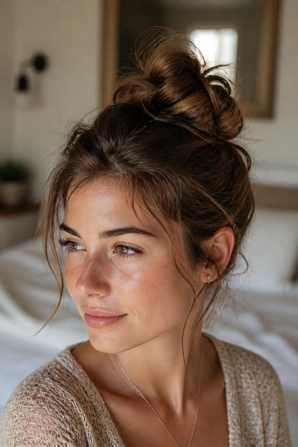 Close-up portrait of a real person with a messy bun on short hair in warm indoor light