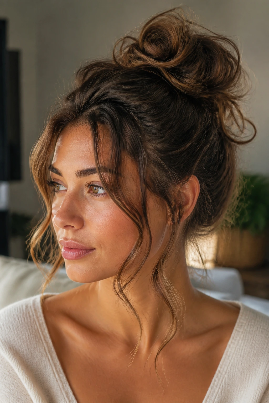 Close-up of a real person with a messy bun and face-framing tendrils