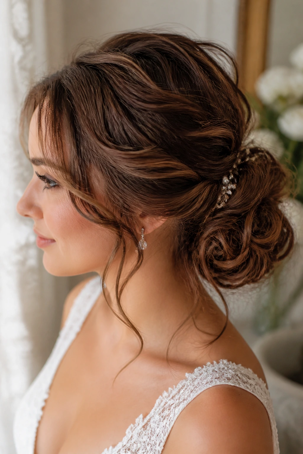 Close-up of bride with messy textured bun and tendrils