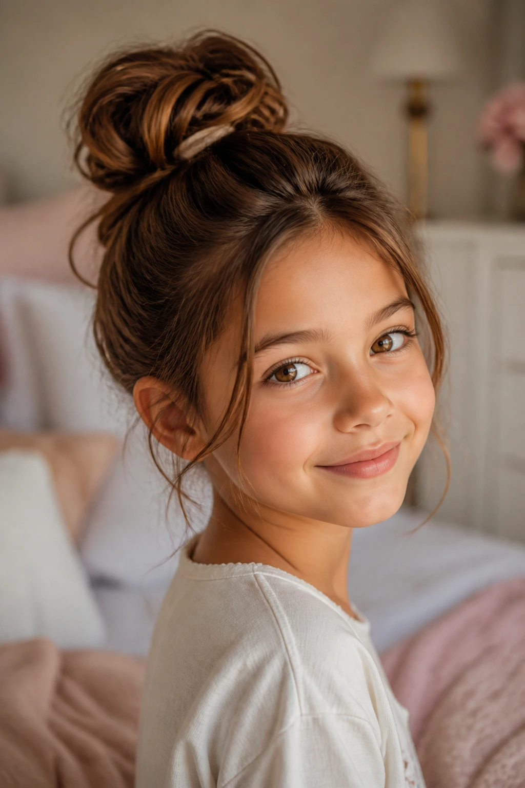 Close-up of a child with a messy bun and soft tendrils framing the face