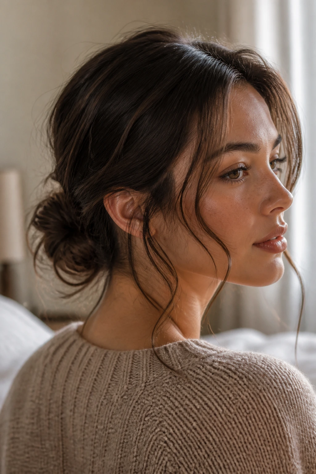 Close-up of a real woman's shoulder-length hair in a tidy messy bun with loose tendrils framing the face.