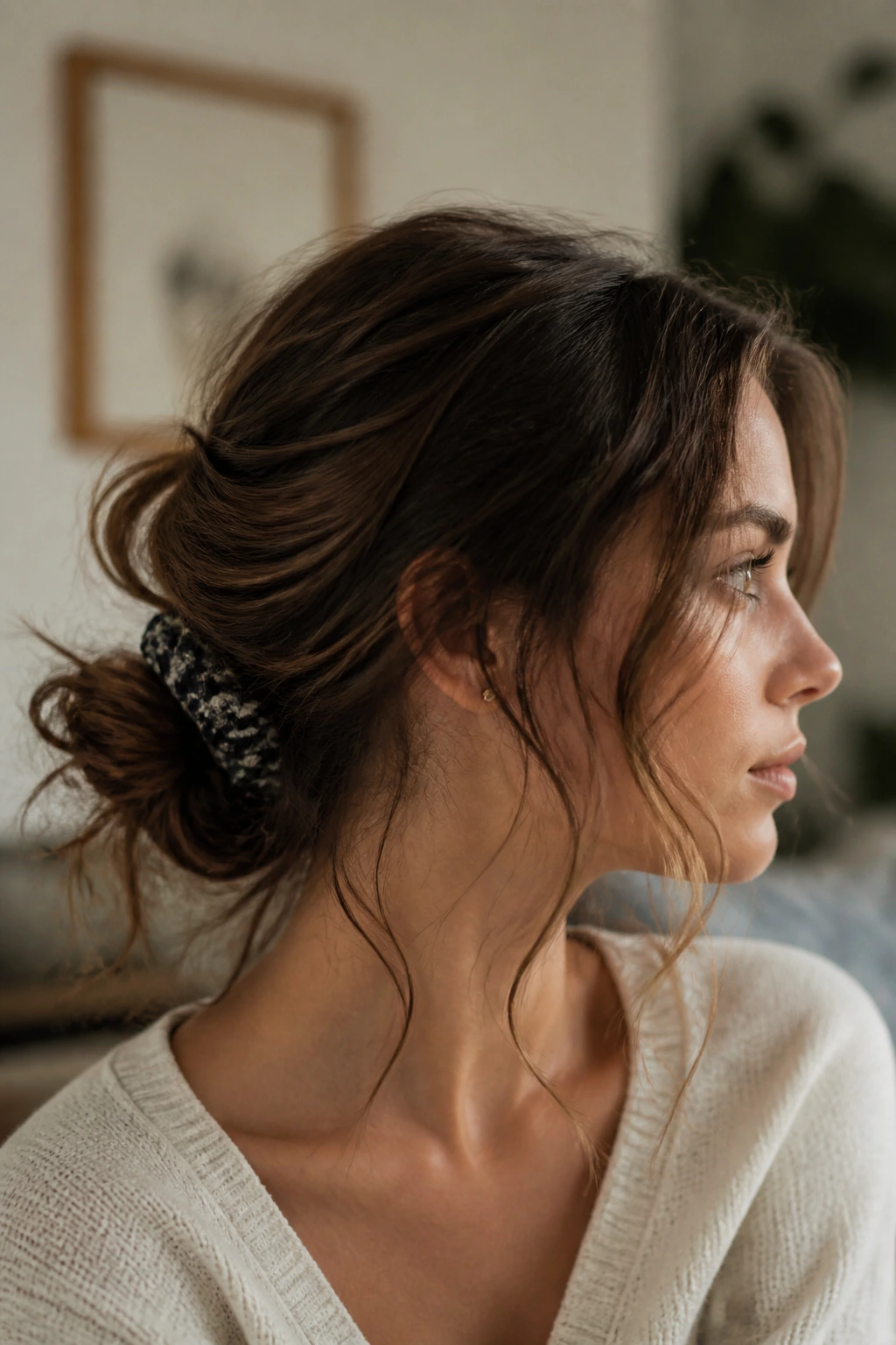 Portrait of a real woman in a low messy bun with wavy ends